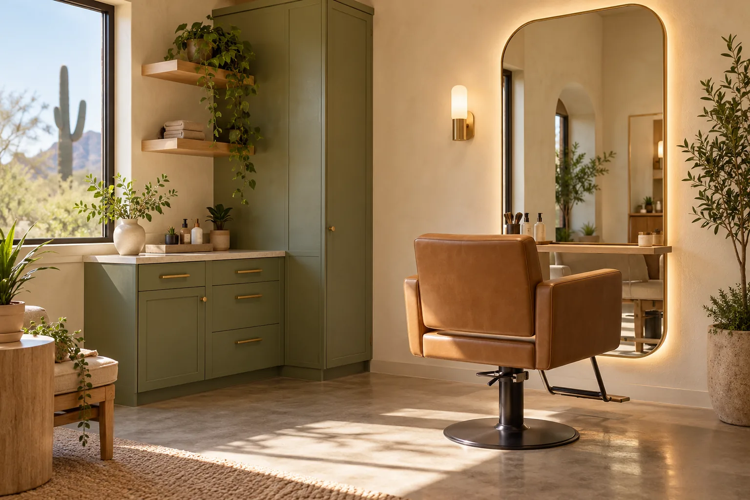 AI-generated concept of an ivory and sage salon suite with a caramel chair and rounded mirror